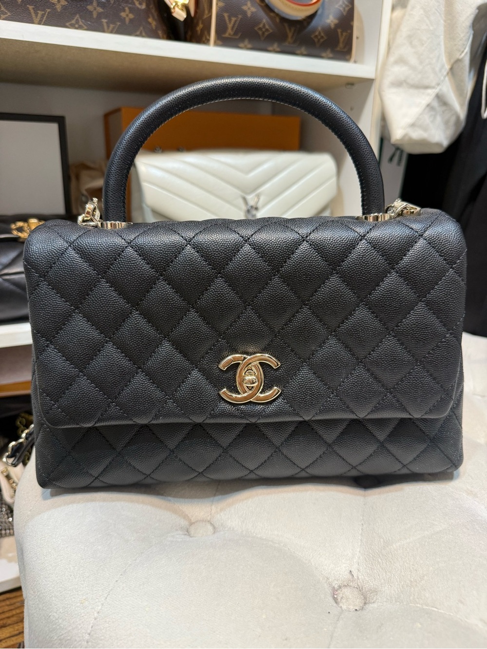 CHANEL Black Quilted Top Handle Bag with Gold CC Hardware